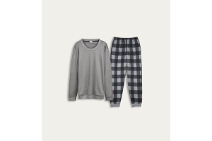 a pyjama set with grey long sleeve tee and checked pj bottoms 