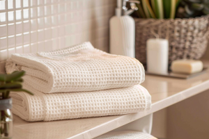 organic cotton waffle towels folded on a bathroom shelf