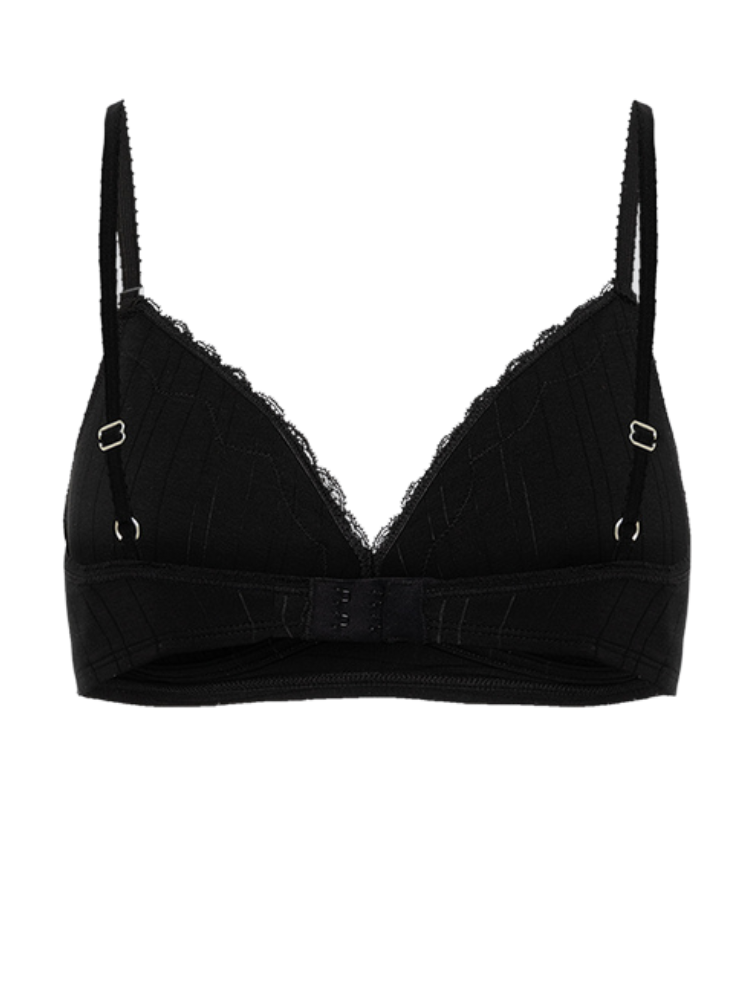 black organic cotton jersey soft cup non wired bra with lace trim
