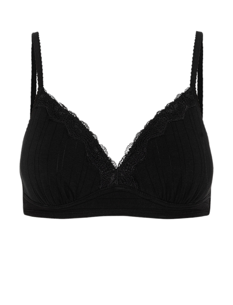 black organic cotton jersey soft cup non wired bra with lace trim