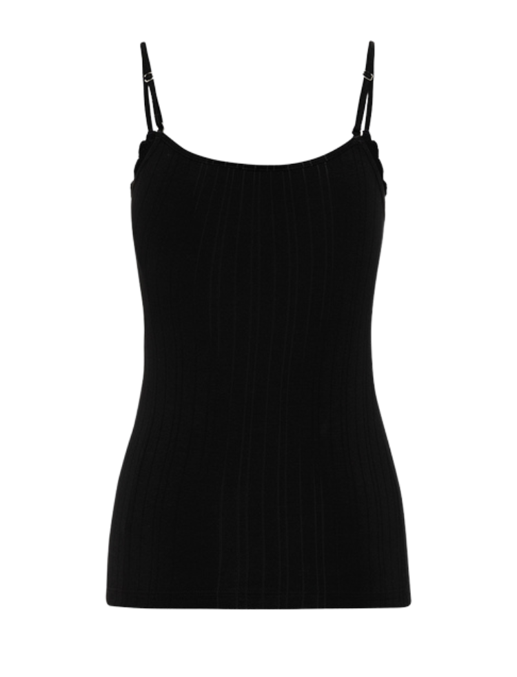 black organic cotton strap vest with lace trim and drop stitch detailing 