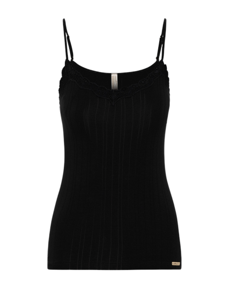 black organic cotton strap vest with lace trim and drop stitch detailing 