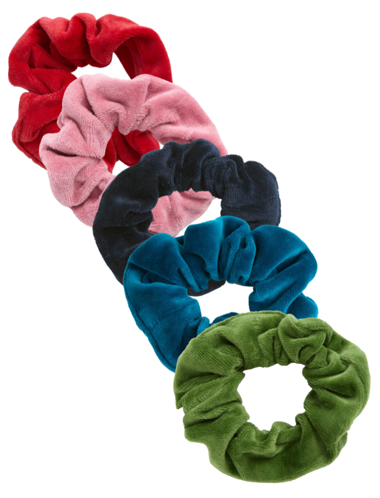 organic cotton velour scrunchies in red, pink, midnight blue, denim blue and moss green
