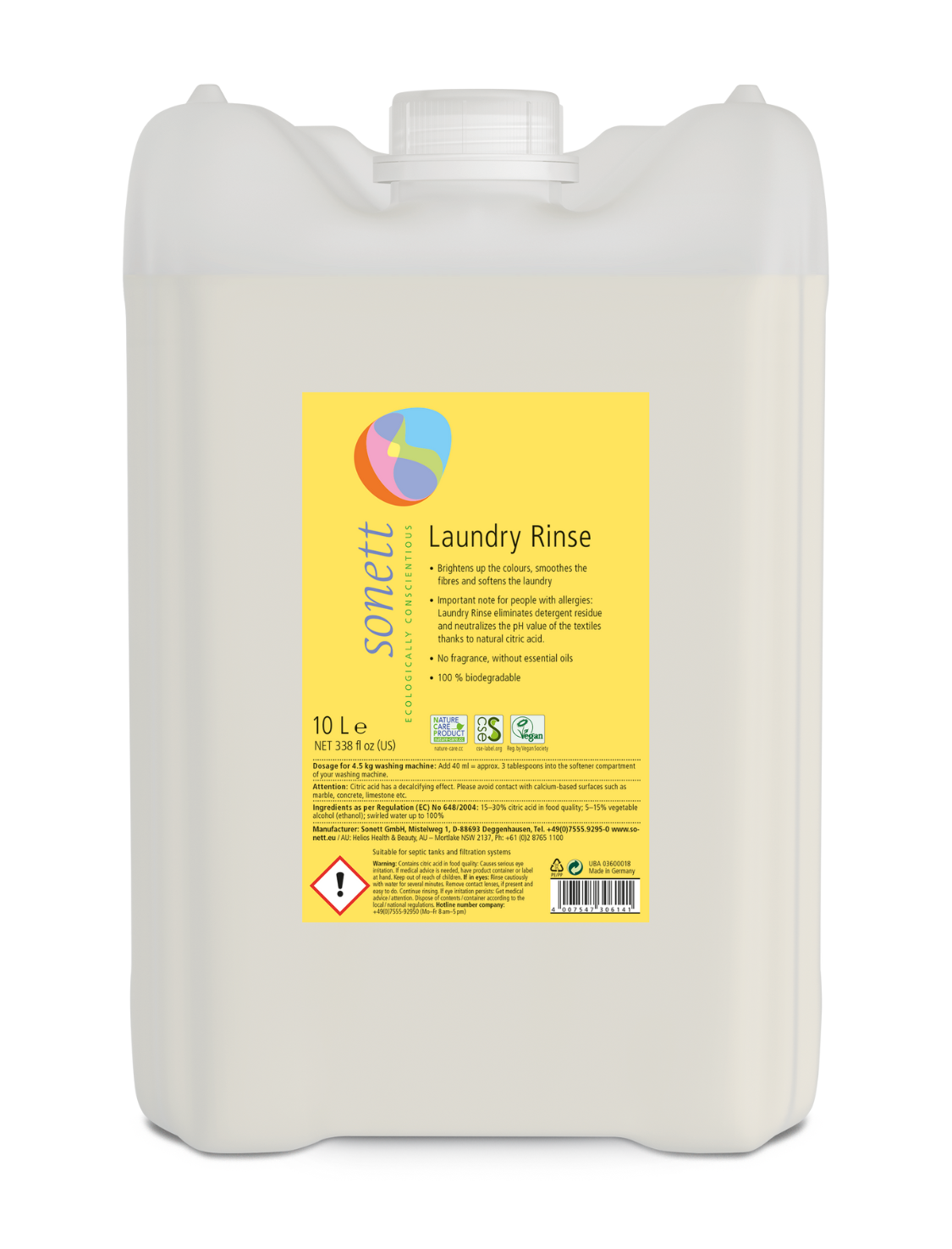 Sonett natural laundry rinse aid to brighten colours and eliminate detergent build up