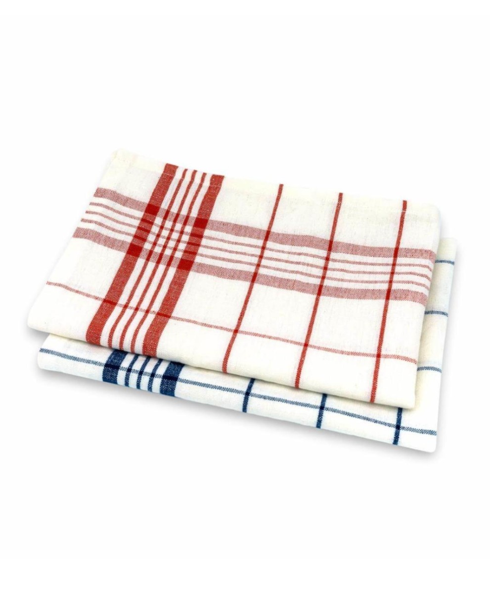 set of two organic cotton and linen tea towels in red and white check and blue and white check 