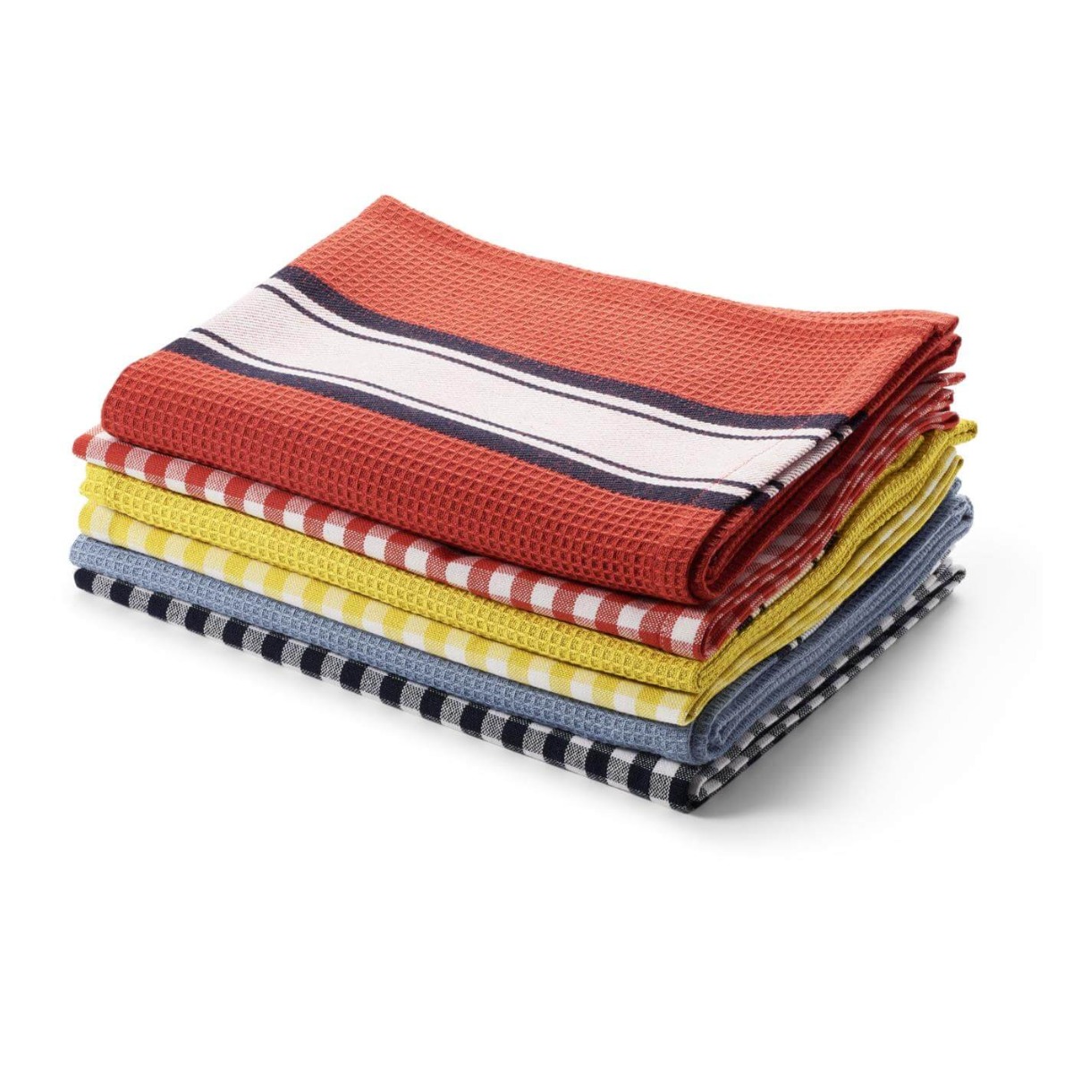 set of two organic cotton tea towels in red yellow and blue checks and stripes 
