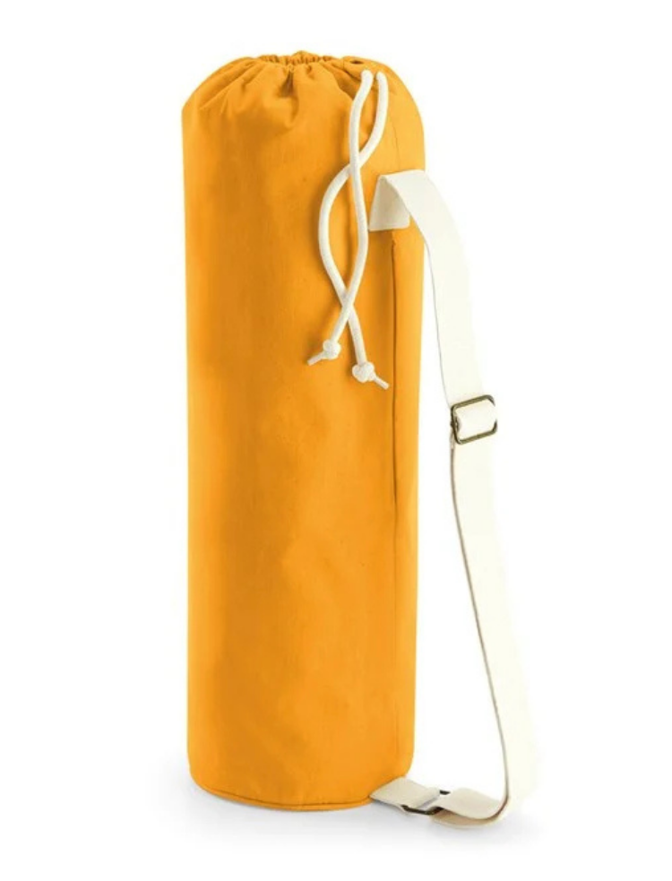 amber colour organic cotton yoga mat bag with natural colour drawstring and adjustable strap 