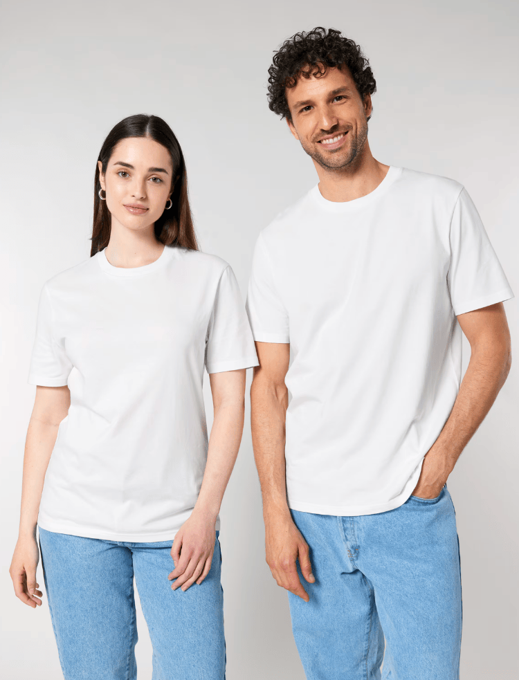 A woman and a man in white organic cotton t-shirts and blue jeans 