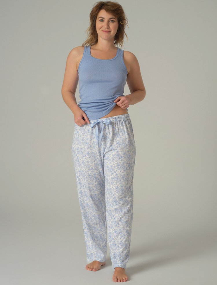 womens vintage rose pink organic cotton sleep trousers with ribbon bow fastening 