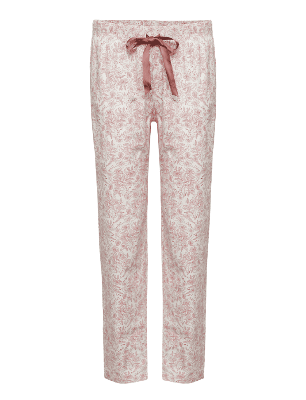 womens vintage rose pink organic cotton sleep trousers with ribbon bow fastening 