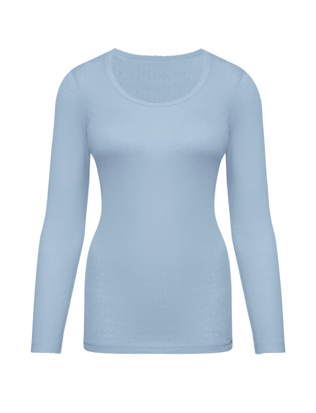 a woman is wearing an organic cotton rose pointelle long sleeve vest