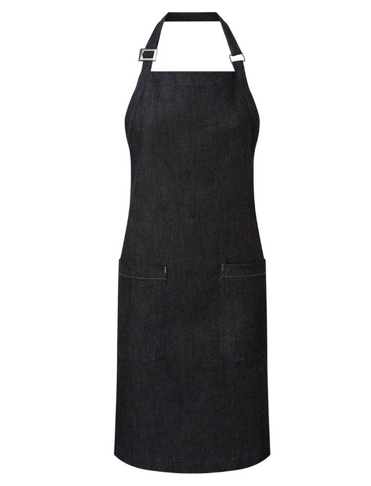 brown organic denim apron with two front pockets with adjustable strap with metal buckle