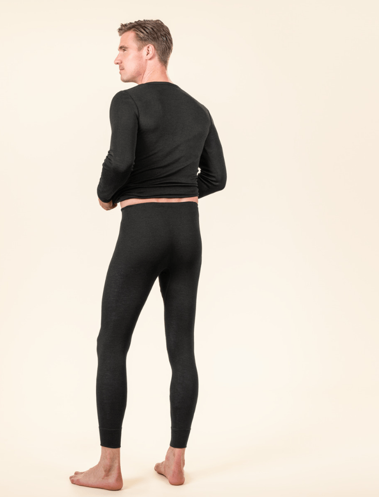 man wearing natural organic wool and silk base layers