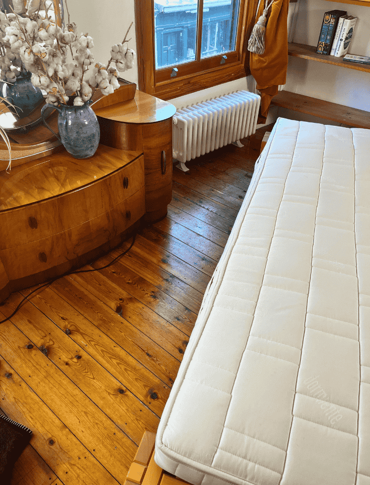 Natural latex flexi-cut mattress aeriel view on a wooden floor 