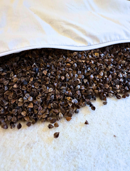 organic buckwheat pillow with undyed natural organic cotton quilted cover with zip opening 