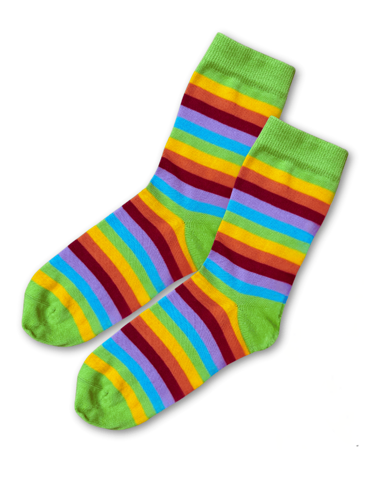 a pair of organic cotton rainbow striped socks lying flat on a white background 