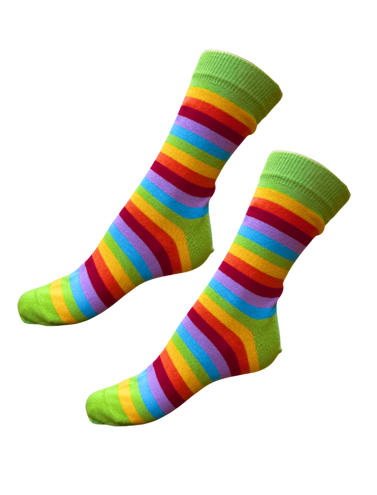 a pair of organic cotton rainbow striped socks lying flat on a white background 