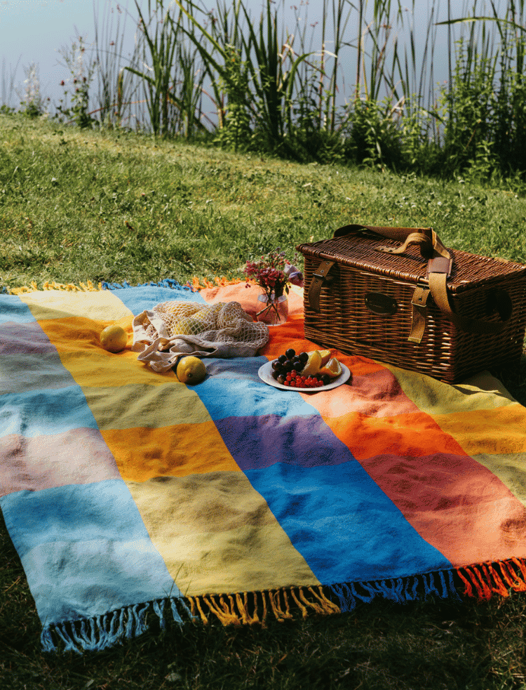 multicolour check organic cotton twill blanket with fringing on a white background 