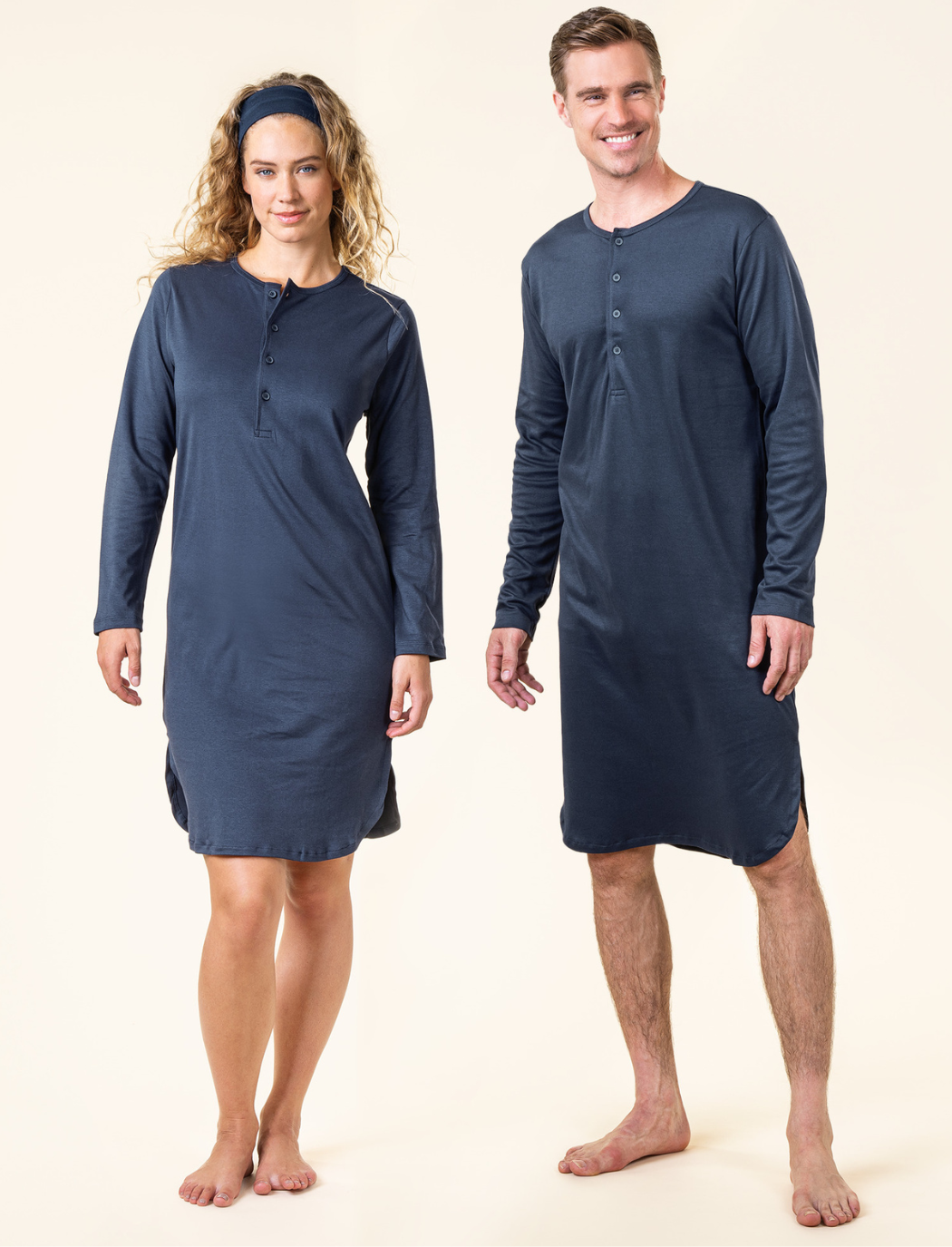 a woman and a man wearing navy organic cotton vintage style nightshirts 