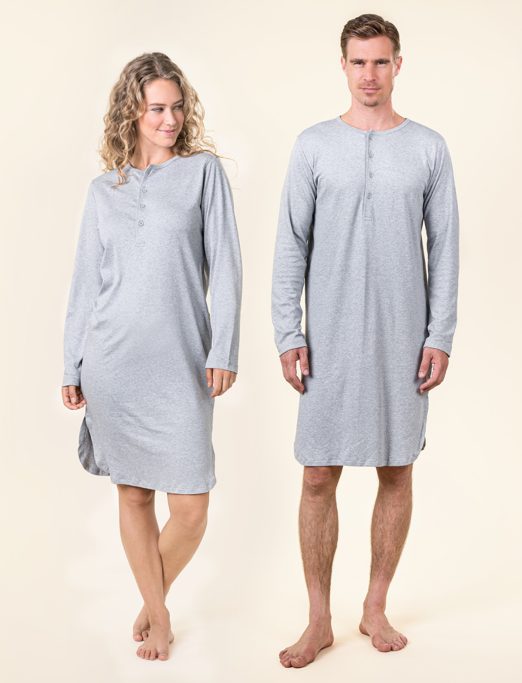 a woman and a man wearing navy organic cotton vintage style nightshirts 