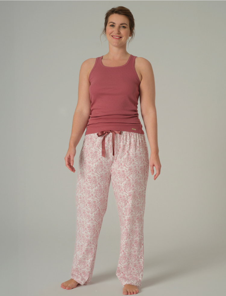 womens vintage rose pink organic cotton sleep trousers with ribbon bow fastening 