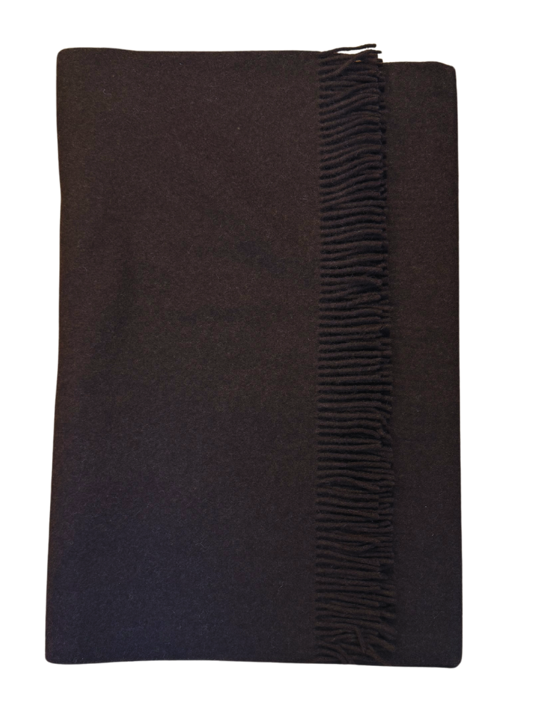 dark chocolate brown pure yak wool fringed blanket folded on a white background