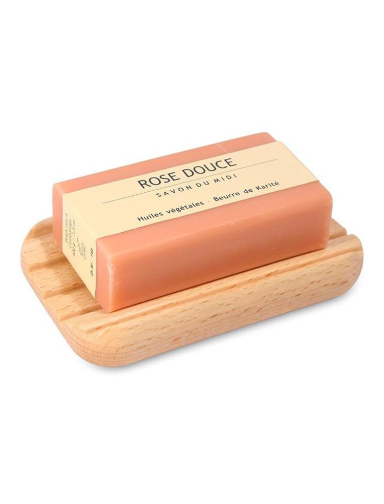 light coloured natural wood soap dish with grooves 