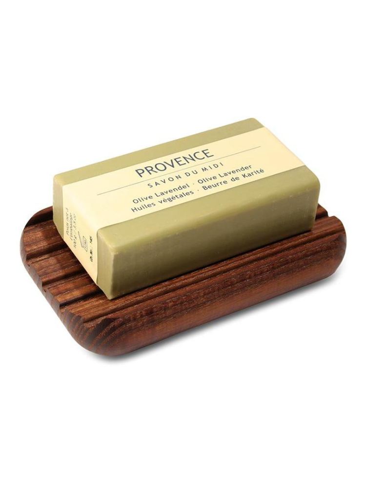 dark wood soap dish with grooves and rubber feet 