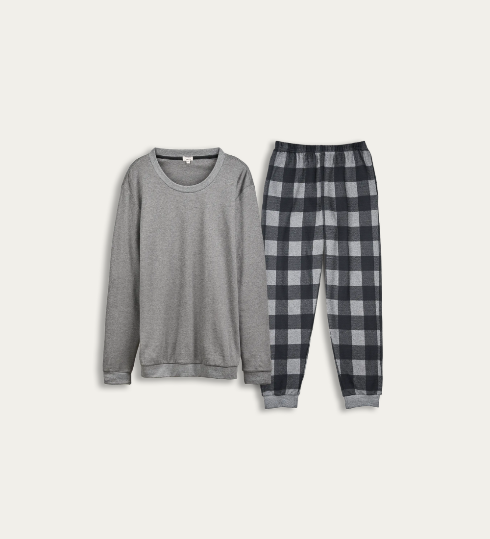 a pyjama set with grey long sleeve tee and checked pj bottoms 