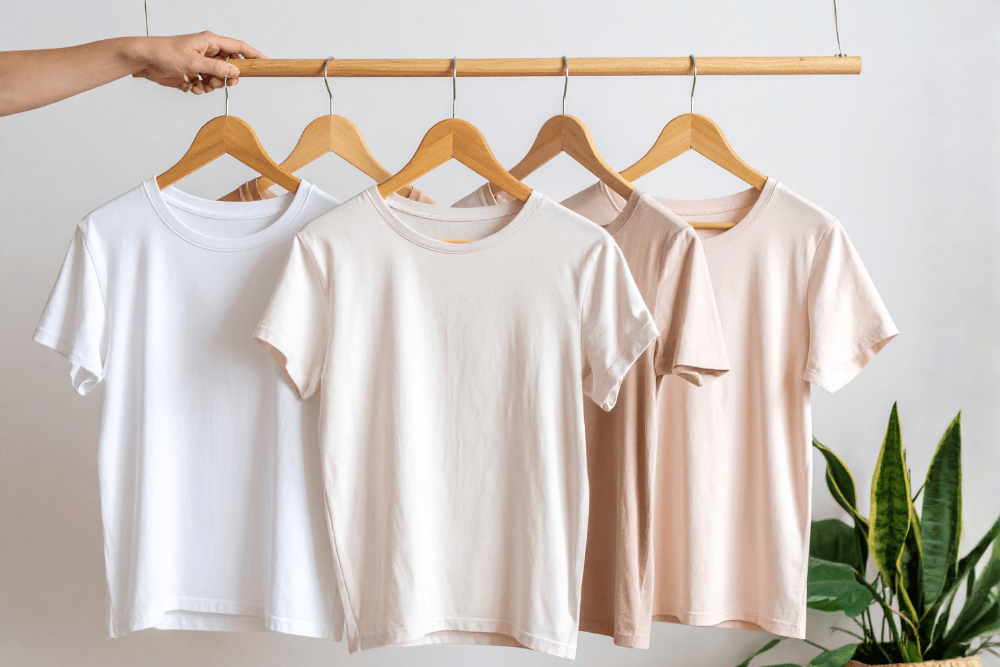 a rail of natural coloured t-shirts on wooden coat hangers