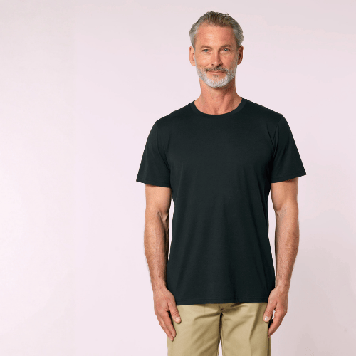 A man is wearing a black organic cotton t-shirt