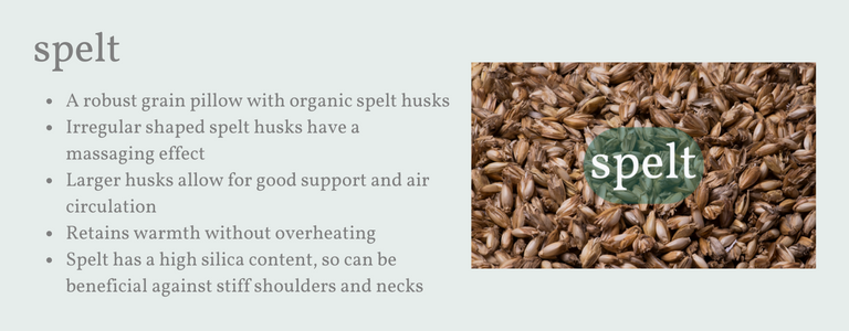 A robust grain pillow with organic spelt husks. Irregular shaped spelt husks have a massaging effect. Larger husks allow for good support and air circulation. Retains warmth without overheating. Spelt has a high silica content, so can be beneficial for stiff shoulders and necks.