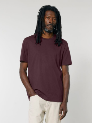 a man wearing an organic cotton maroon t-shirt